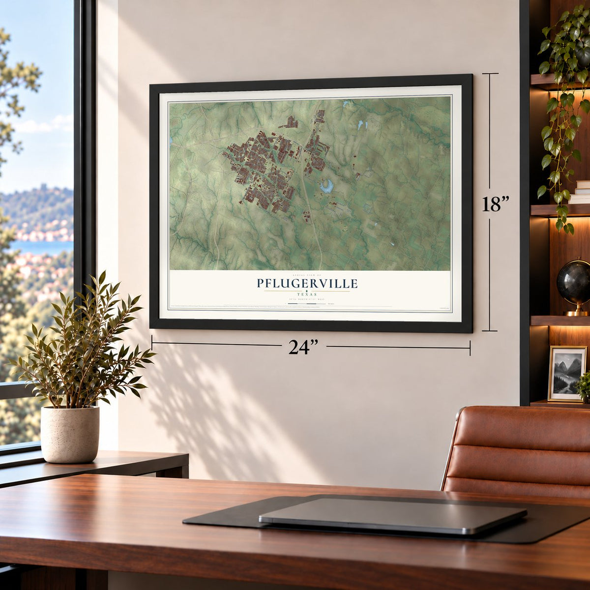 Pflugerville, Texas map, 18 x 24 inch print in a black frame in a home office