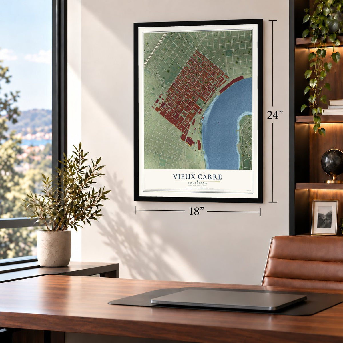 Vieux Carre, Louisiana map, 18 x 24 inch print in a black frame in a home office