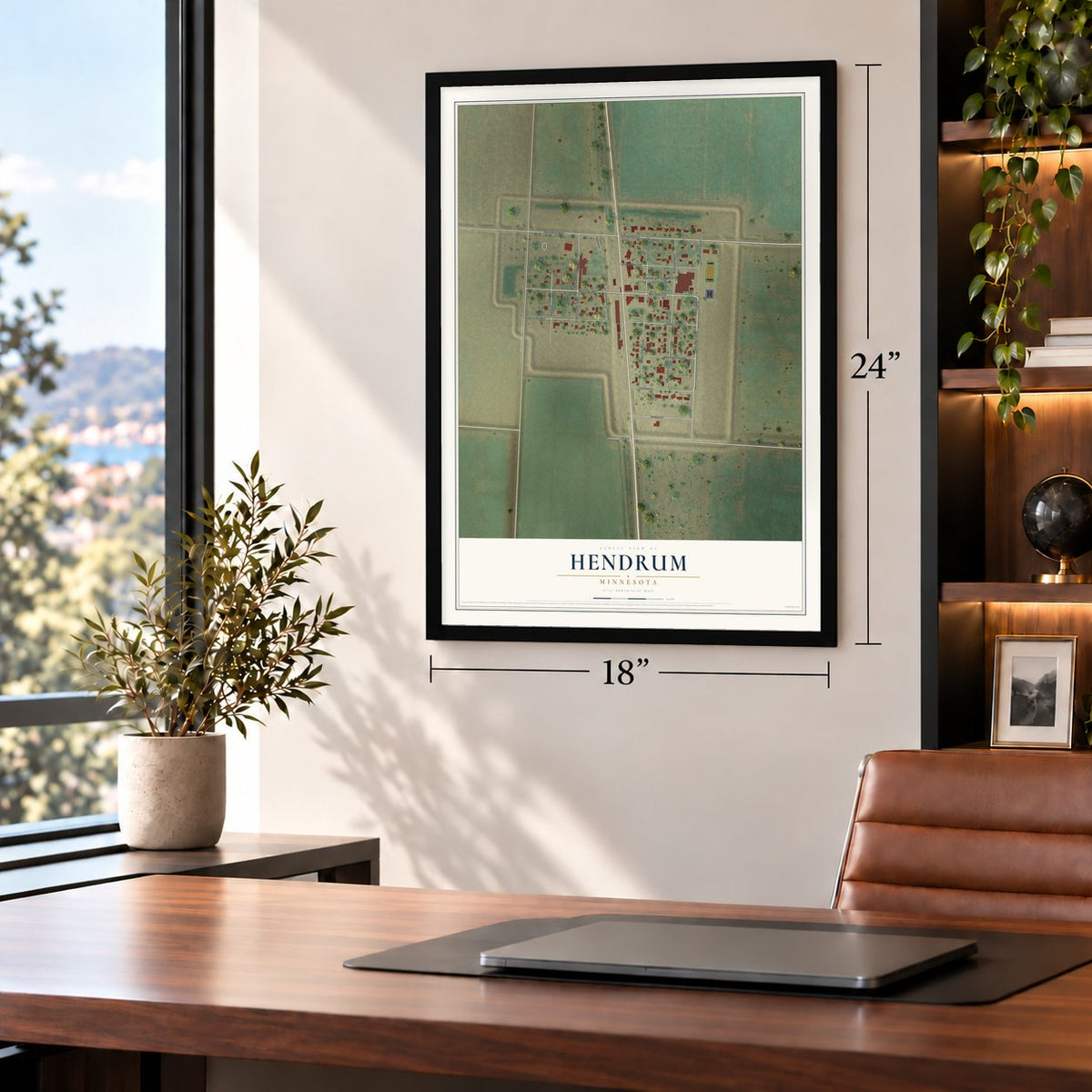 Hendrum, Minnesota map, 18 x 24 inch print in a black frame in a home office