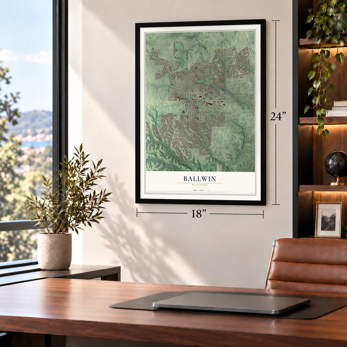 Ballwin, Missouri map, 18 x 24 inch print in a black frame in a home office