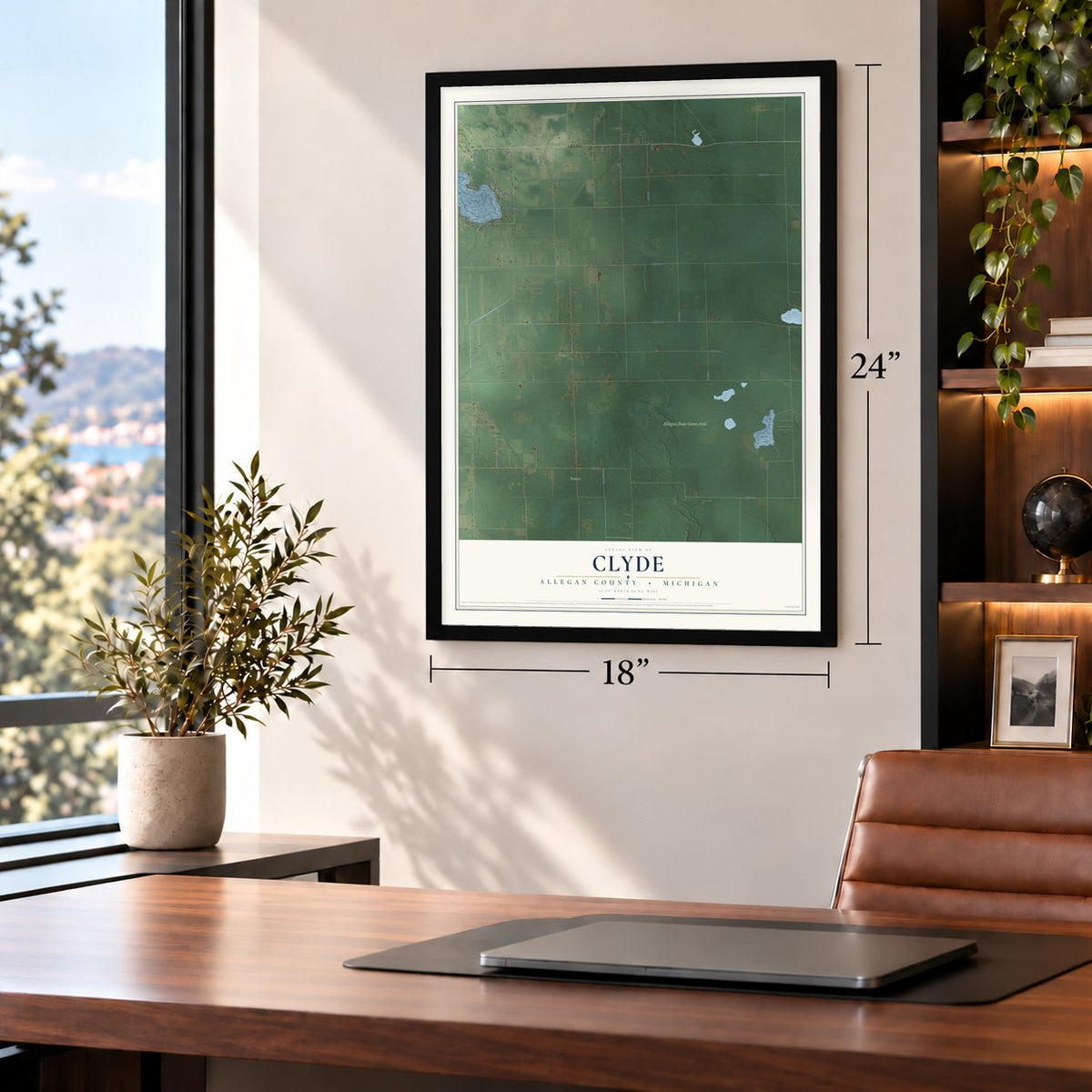 Clyde, Allegan County, Michigan map, 18 x 24 inch print in a black frame in a home office