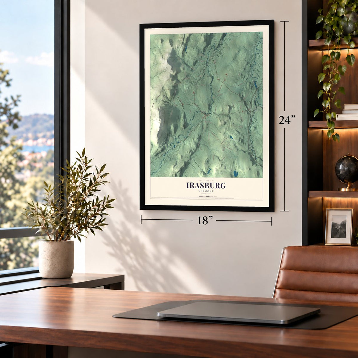 Irasburg, Vermont map, 18 x 24 inch print in a black frame in a home office