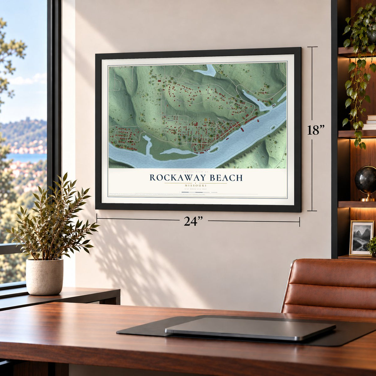 Rockaway Beach, Missouri map, 18 x 24 inch print in a black frame in a home office