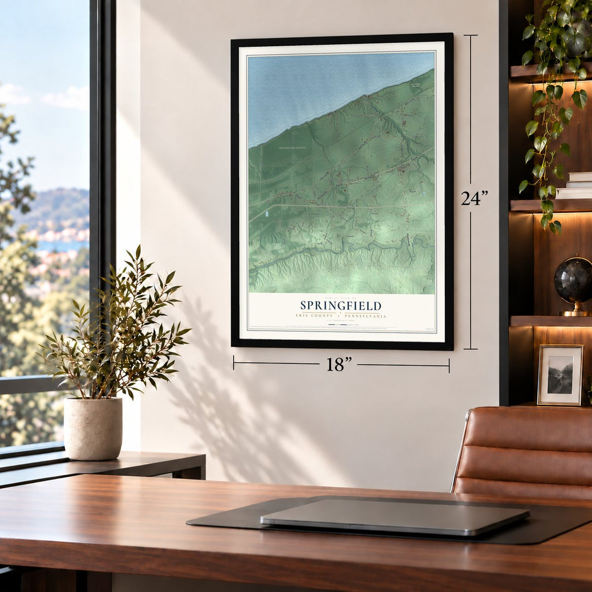 Springfield, Erie County, Pennsylvania map, 18 x 24 inch print in a black frame in a home office