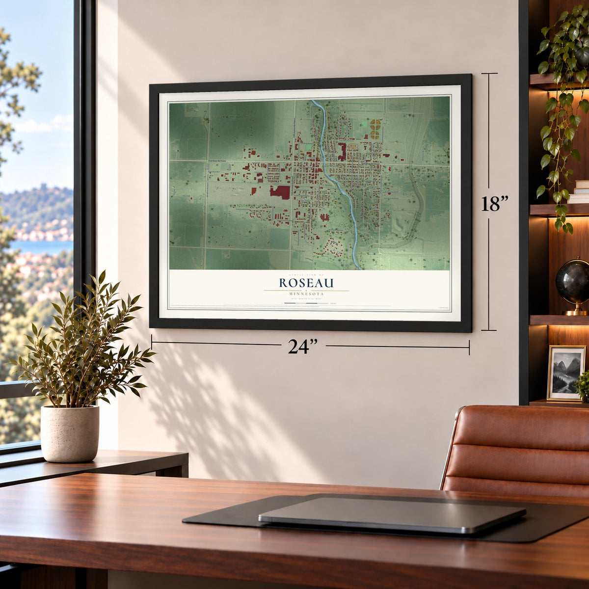 Roseau, Minnesota map, 18 x 24 inch print in a black frame in a home office