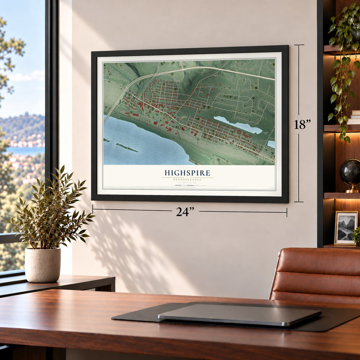Highspire, Pennsylvania map, 18 x 24 inch print in a black frame in a home office