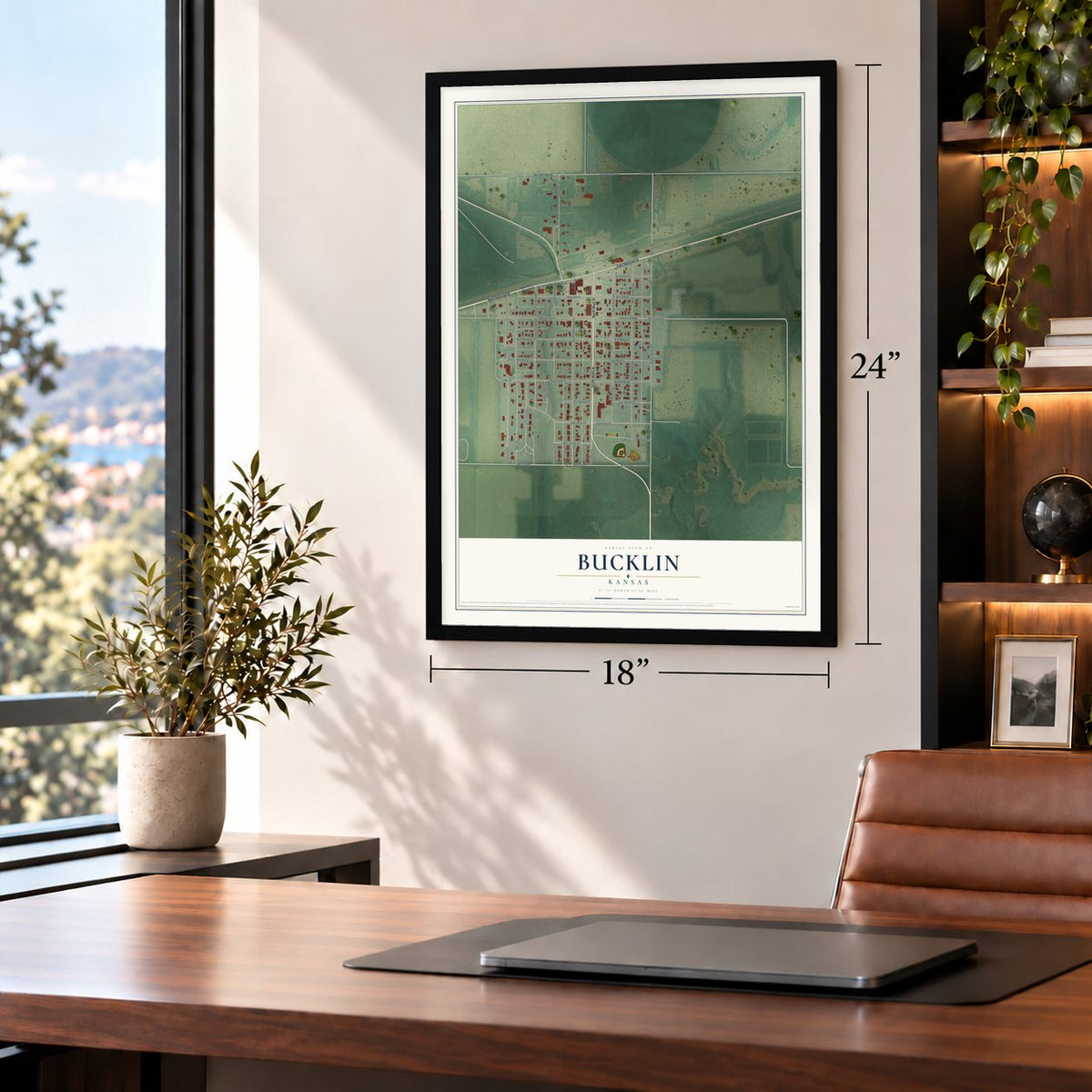 Bucklin, Kansas map, 18 x 24 inch print in a black frame in a home office