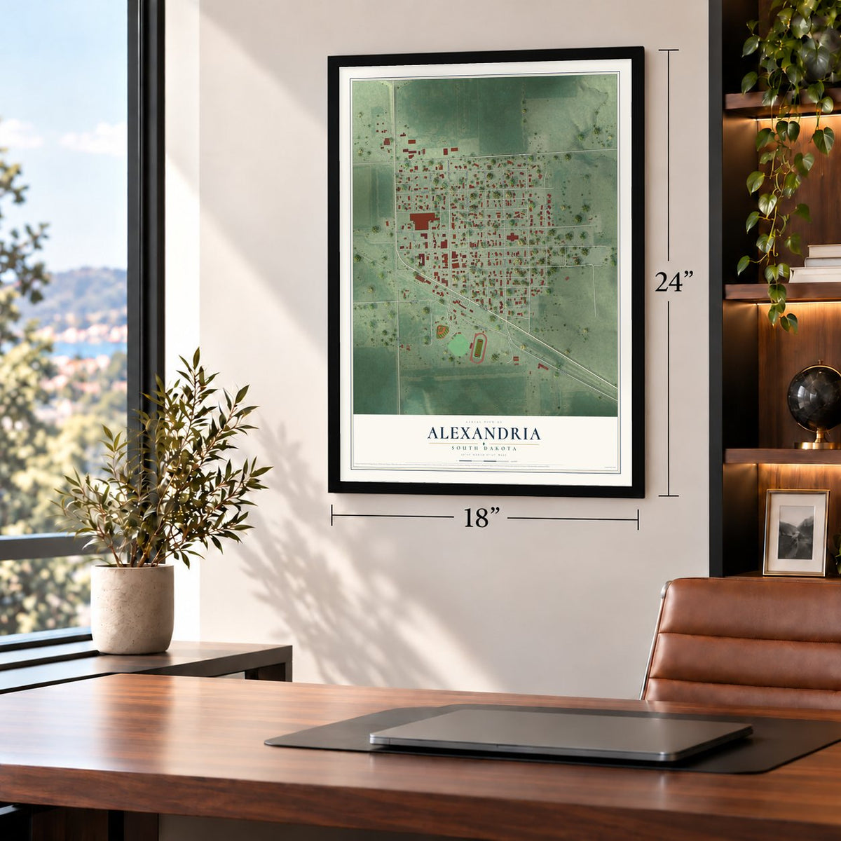 Alexandria, South Dakota map, 18 x 24 inch print in a black frame in a home office