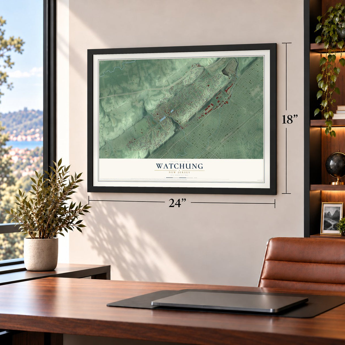 Watchung, New Jersey map, 18 x 24 inch print in a black frame in a home office