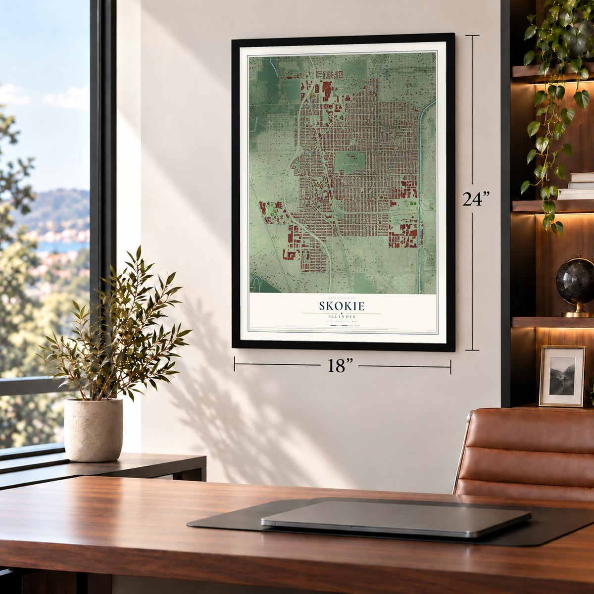 Skokie, Illinois map, 18 x 24 inch print in a black frame in a home office