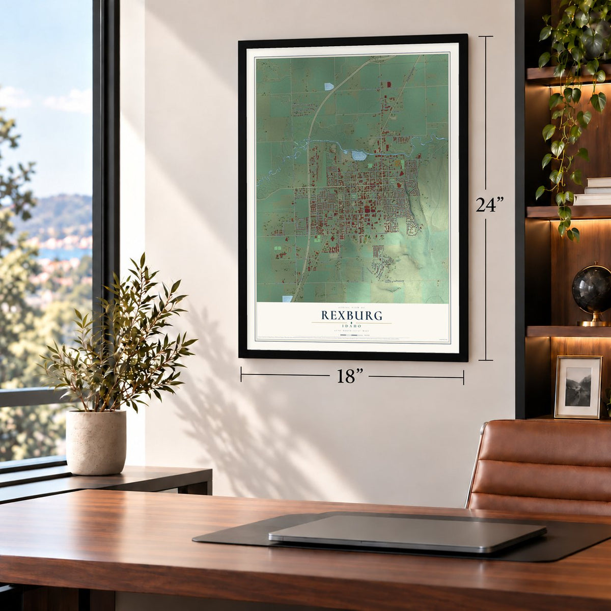Rexburg, Idaho map, 18 x 24 inch print in a black frame in a home office