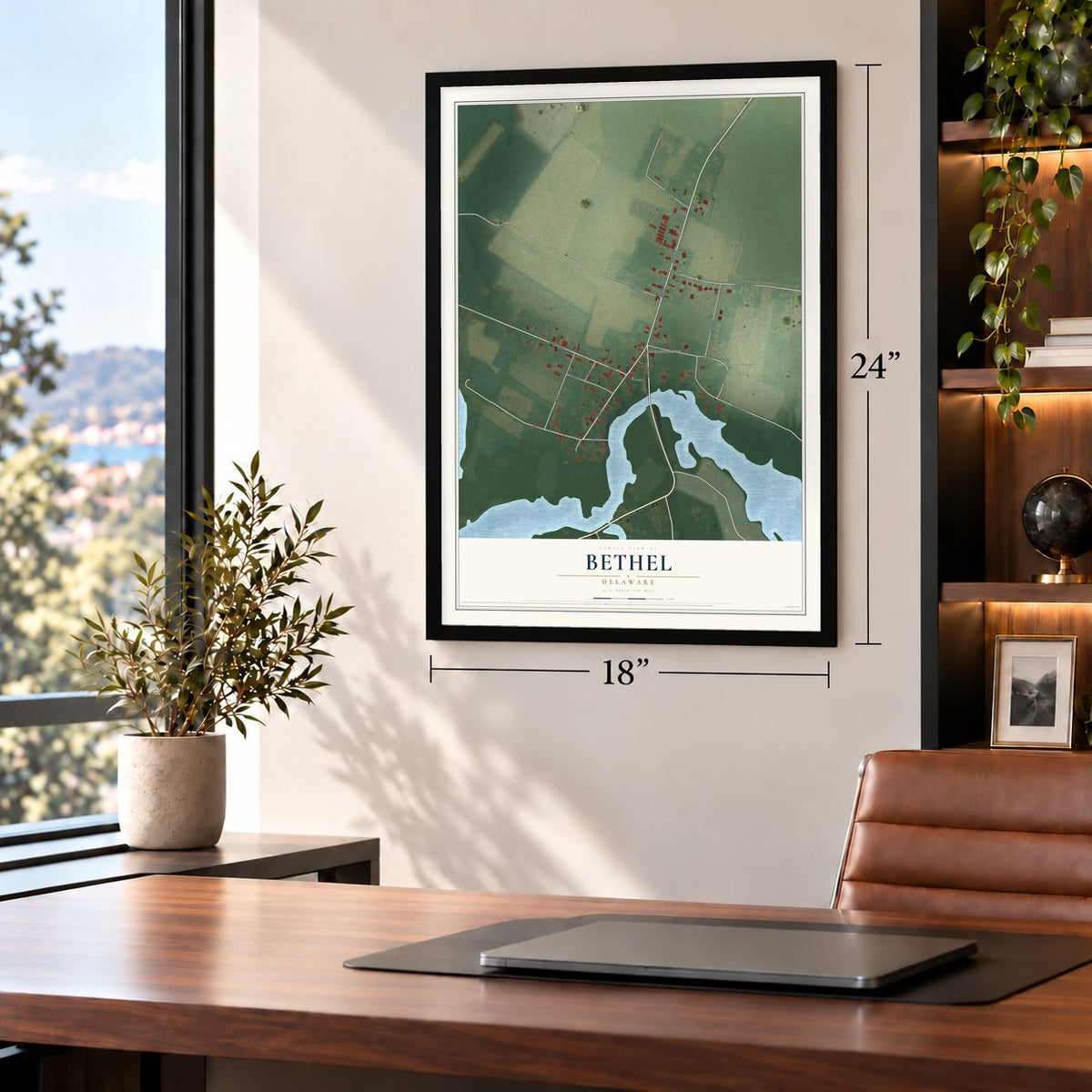 Bethel, Delaware map, 18 x 24 inch print in a black frame in a home office