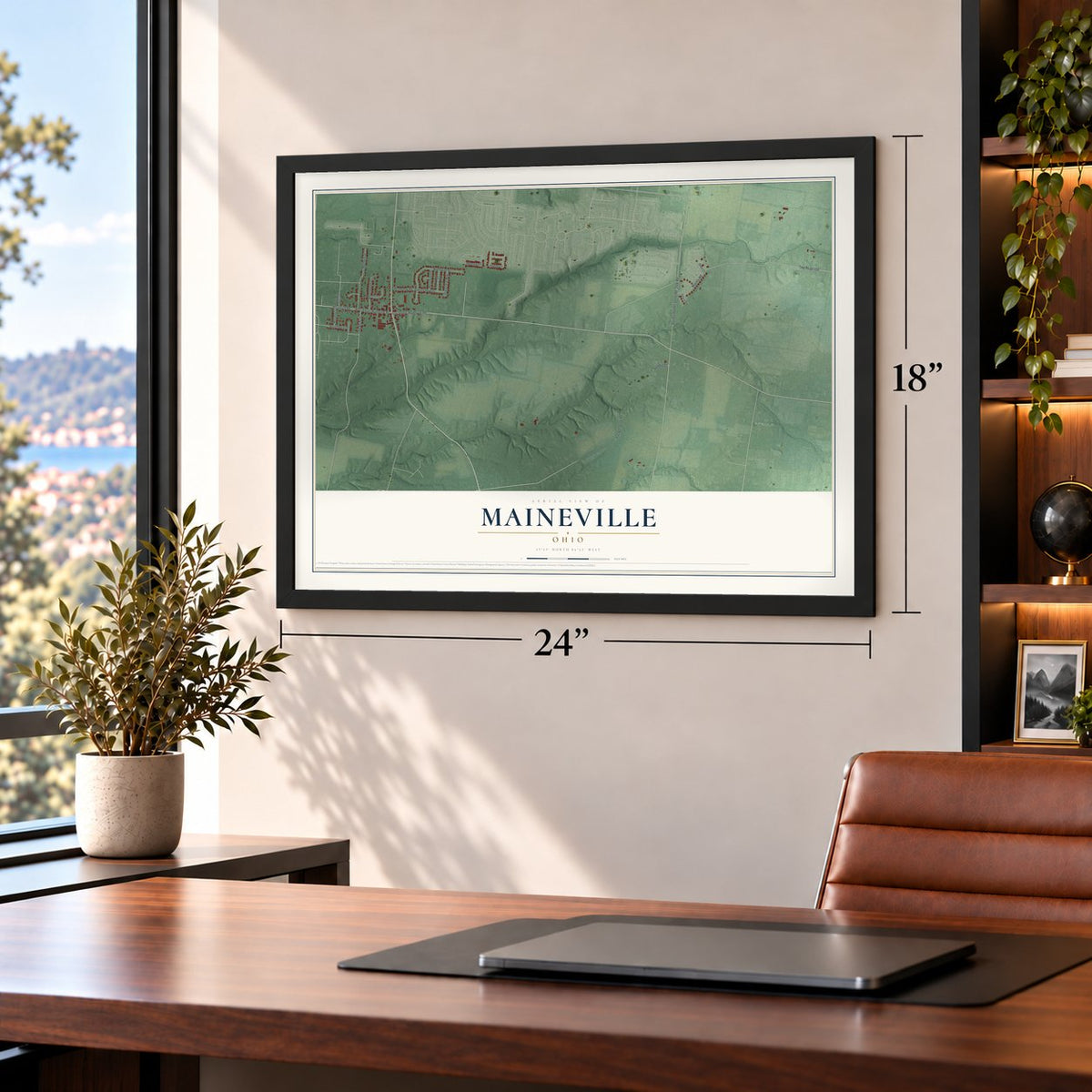 Maineville, Ohio map, 18 x 24 inch print in a black frame in a home office