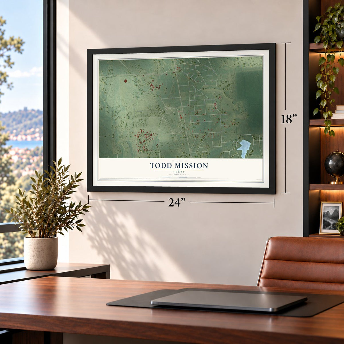 Todd Mission, Texas map, 18 x 24 inch print in a black frame in a home office