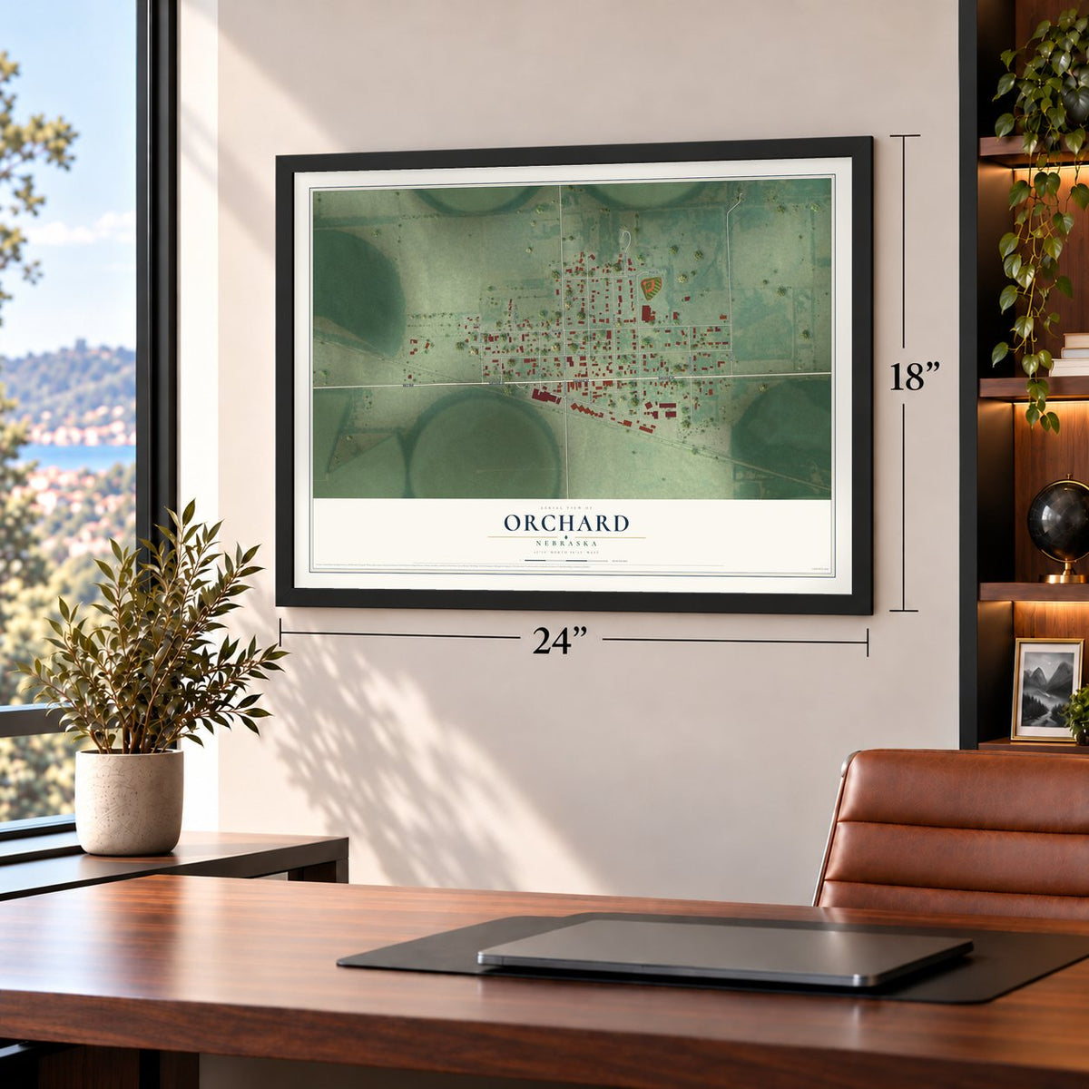 Orchard, Nebraska map, 18 x 24 inch print in a black frame in a home office