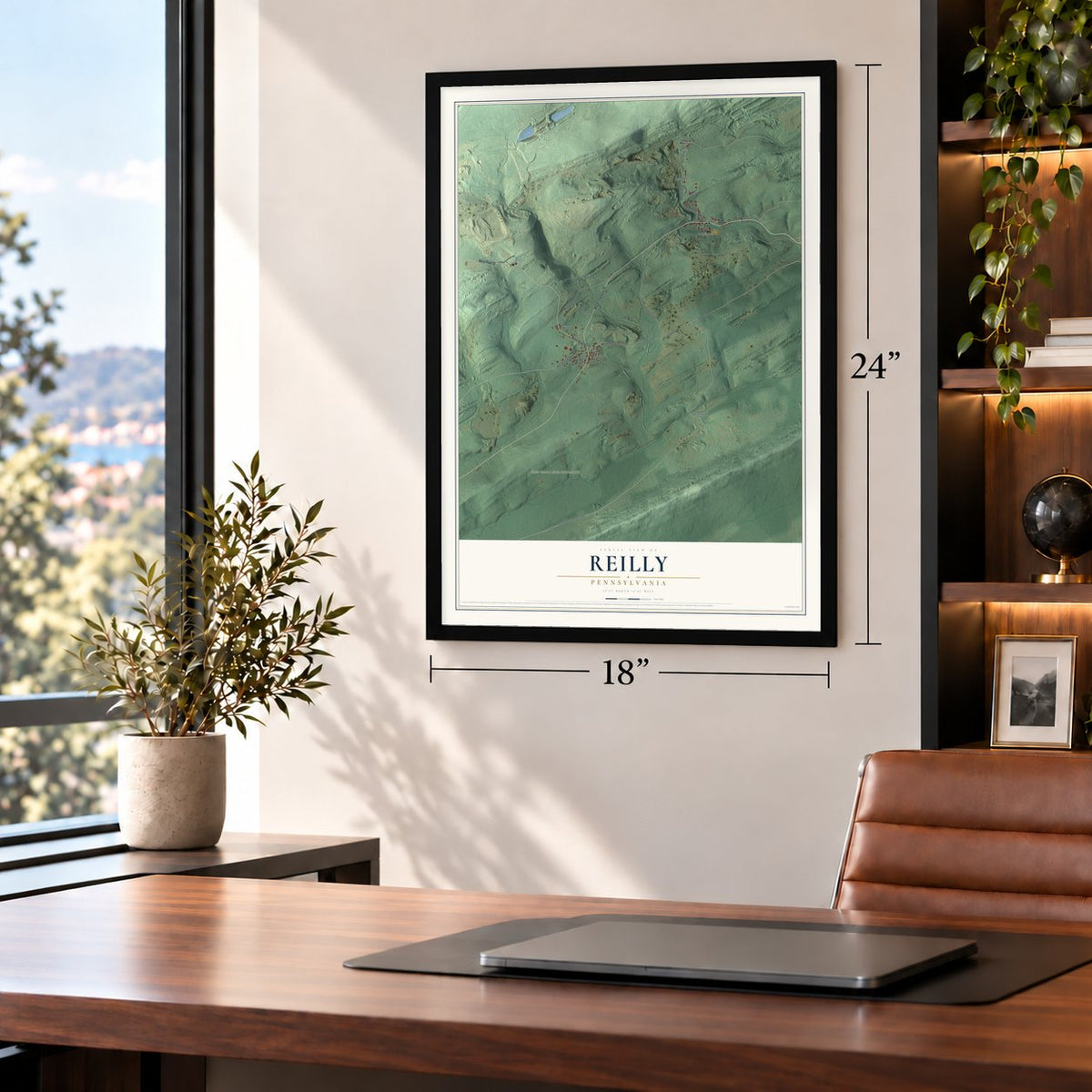 Reilly, Pennsylvania map, 18 x 24 inch print in a black frame in a home office