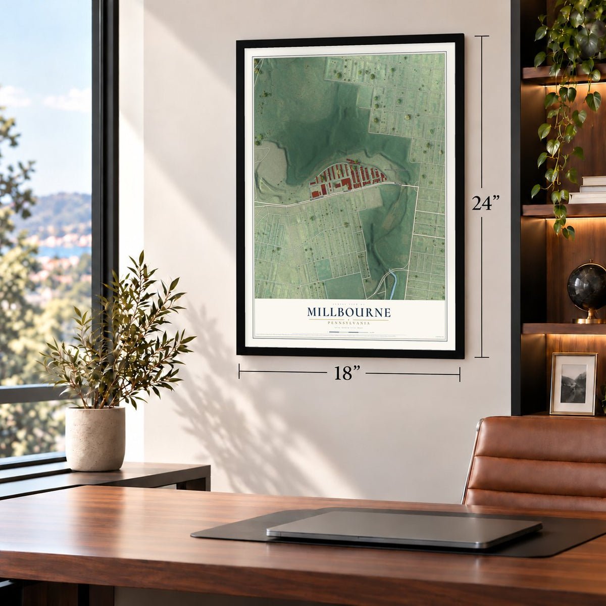 Millbourne, Pennsylvania map, 18 x 24 inch print in a black frame in a home office