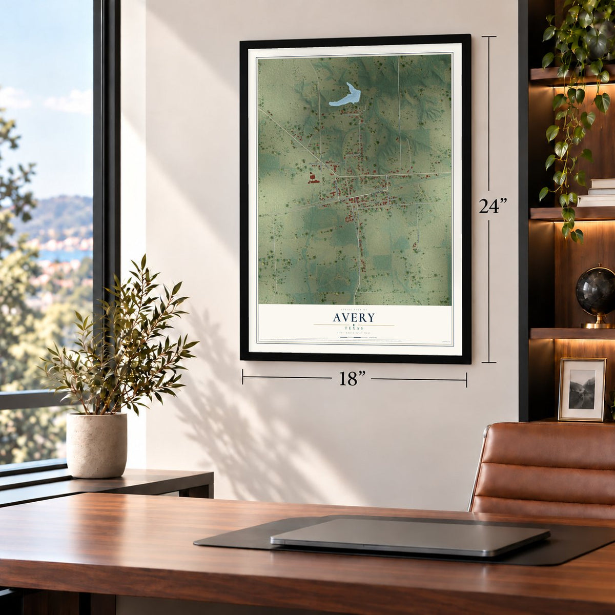 Avery, Texas map, 18 x 24 inch print in a black frame in a home office