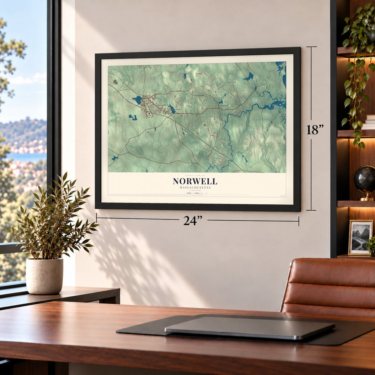 Norwell, Massachusetts map, 18 x 24 inch print in a black frame in a home office