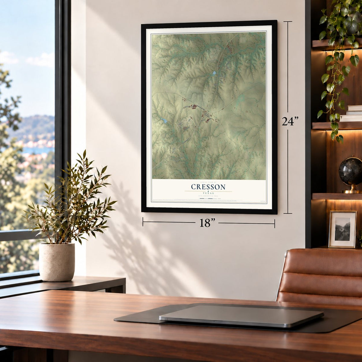Cresson, Texas map, 18 x 24 inch print in a black frame in a home office