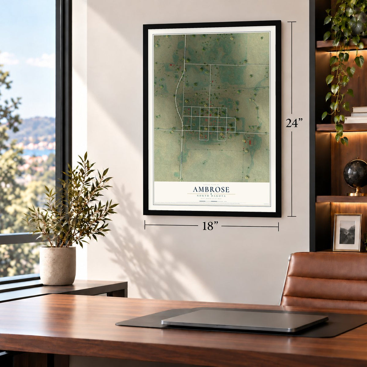 Ambrose, North Dakota map, 18 x 24 inch print in a black frame in a home office