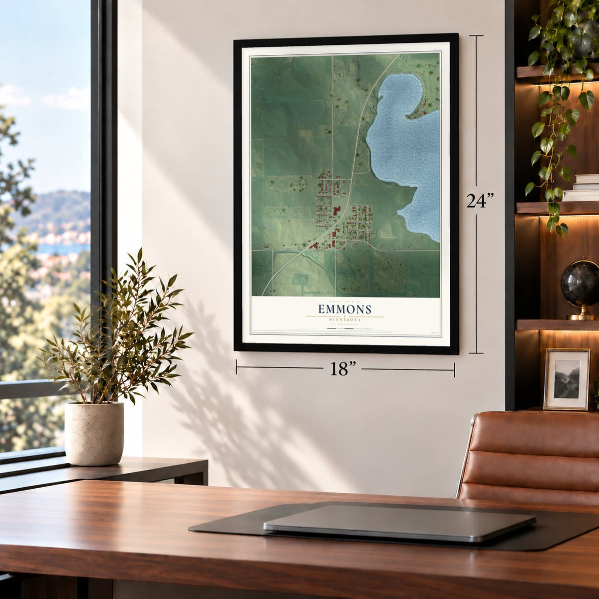 Emmons, Minnesota map, 18 x 24 inch print in a black frame in a home office