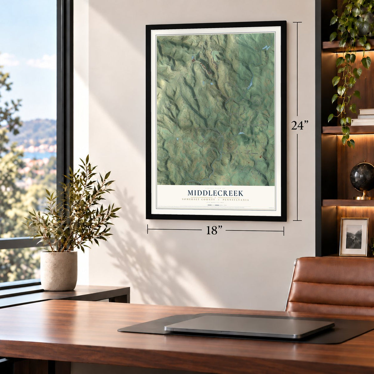 Middlecreek, Somerset County, Pennsylvania map, 18 x 24 inch print in a black frame in a home office
