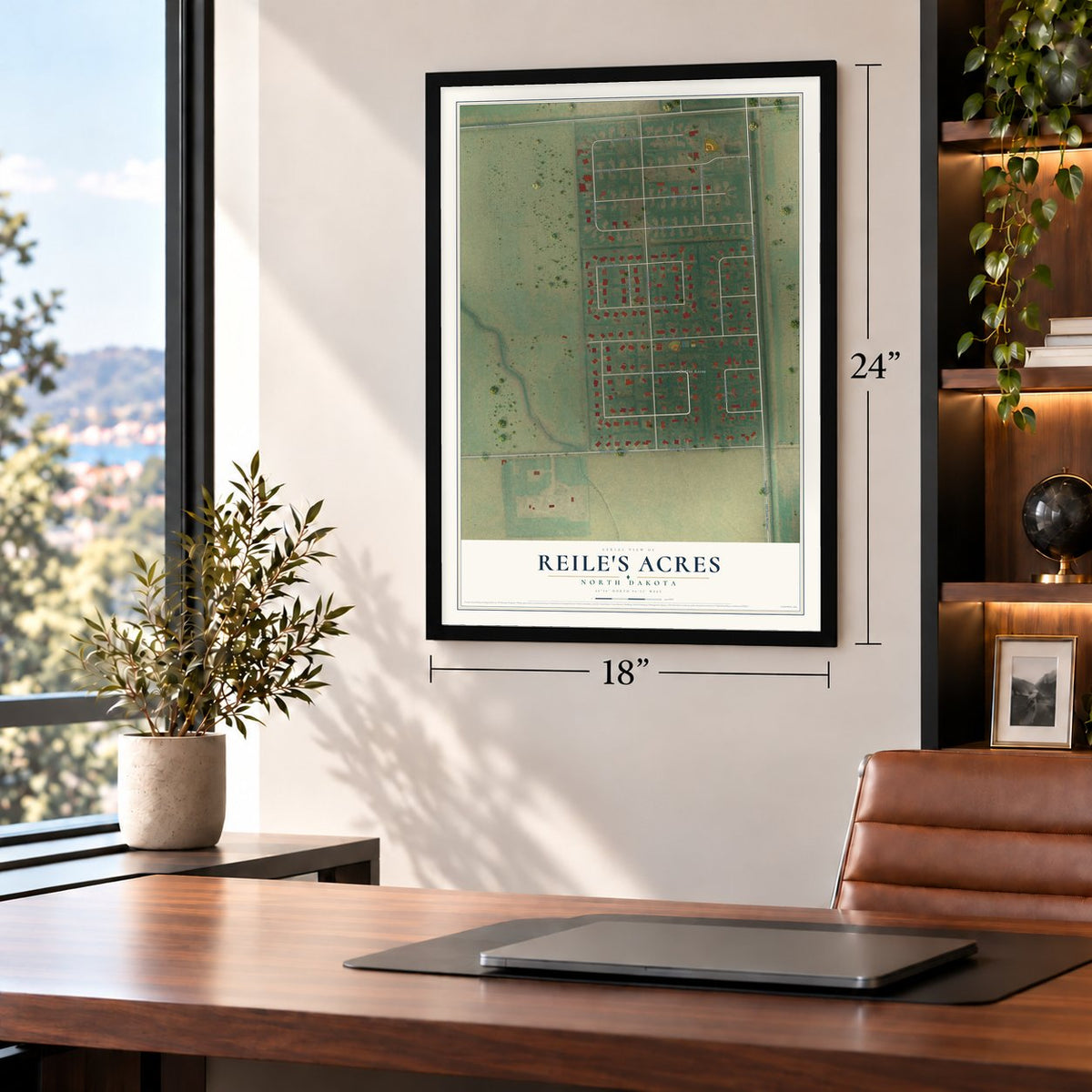 Reile's Acres, North Dakota map, 18 x 24 inch print in a black frame in a home office