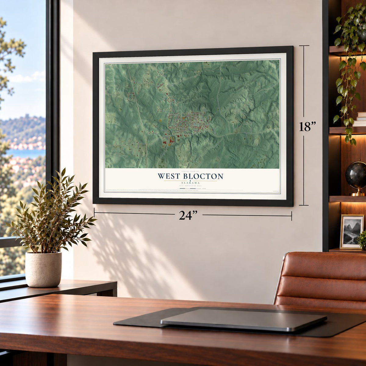 West Blocton, Alabama map, 18 x 24 inch print in a black frame in a home office
