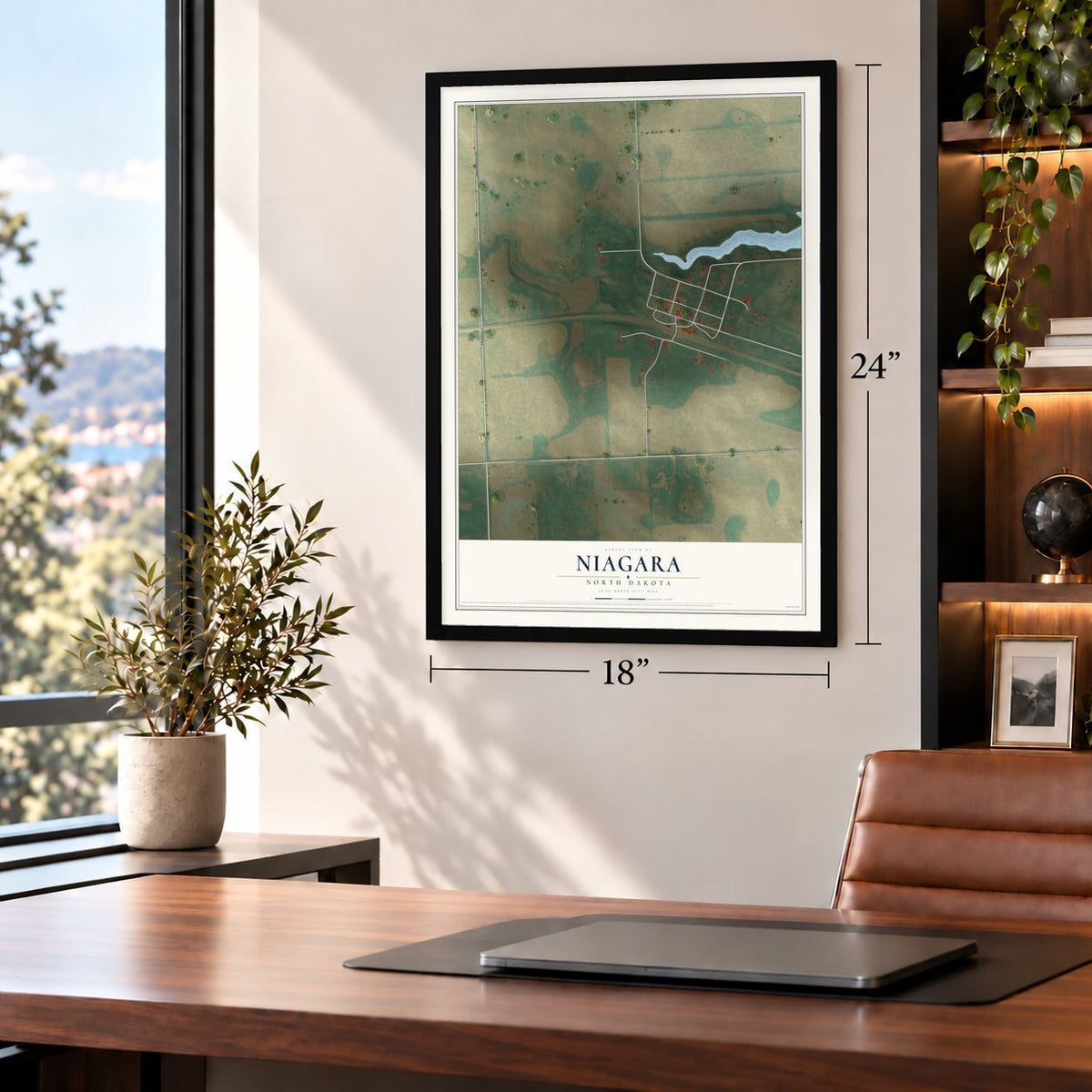 Niagara, North Dakota map, 18 x 24 inch print in a black frame in a home office