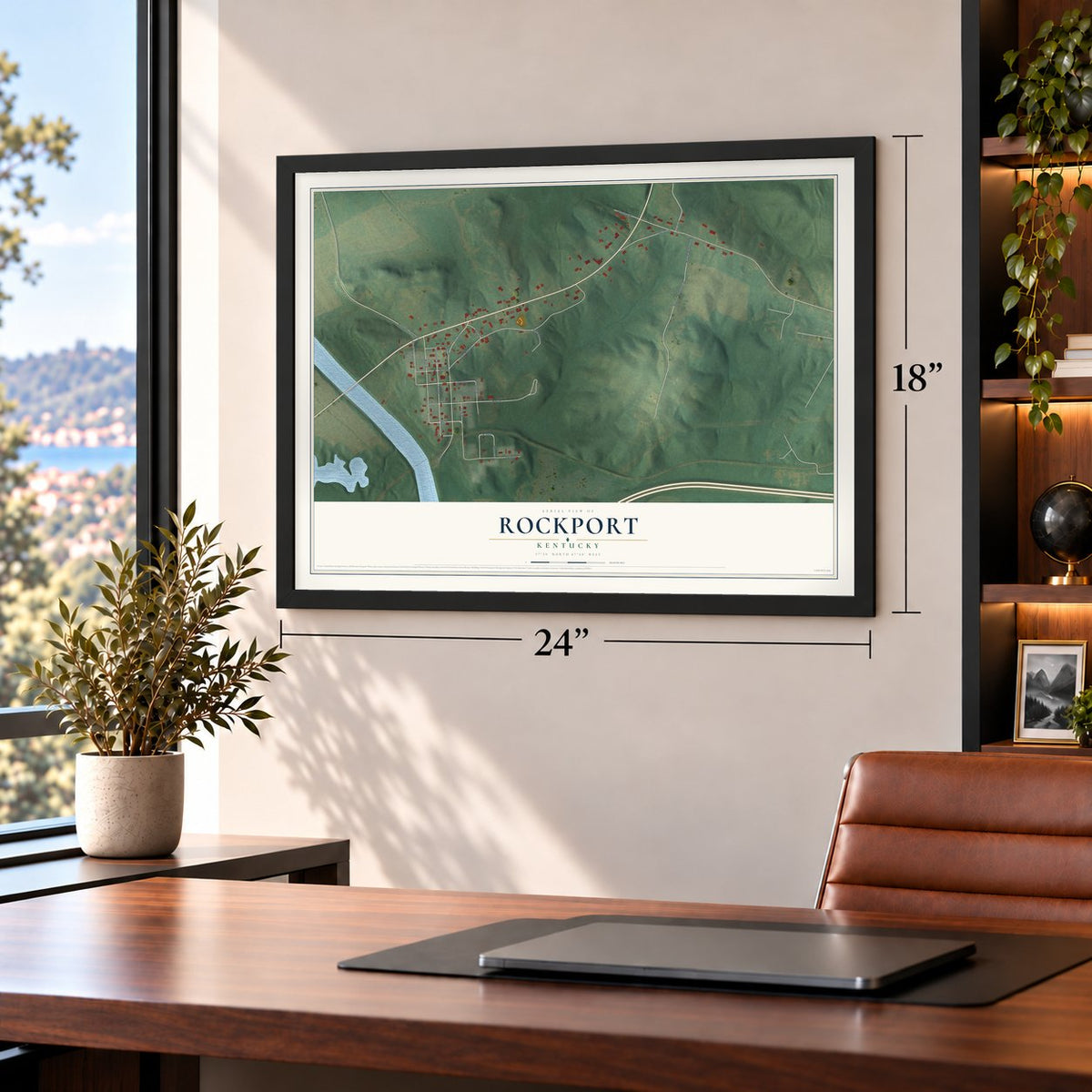 Rockport, Kentucky map, 18 x 24 inch print in a black frame in a home office