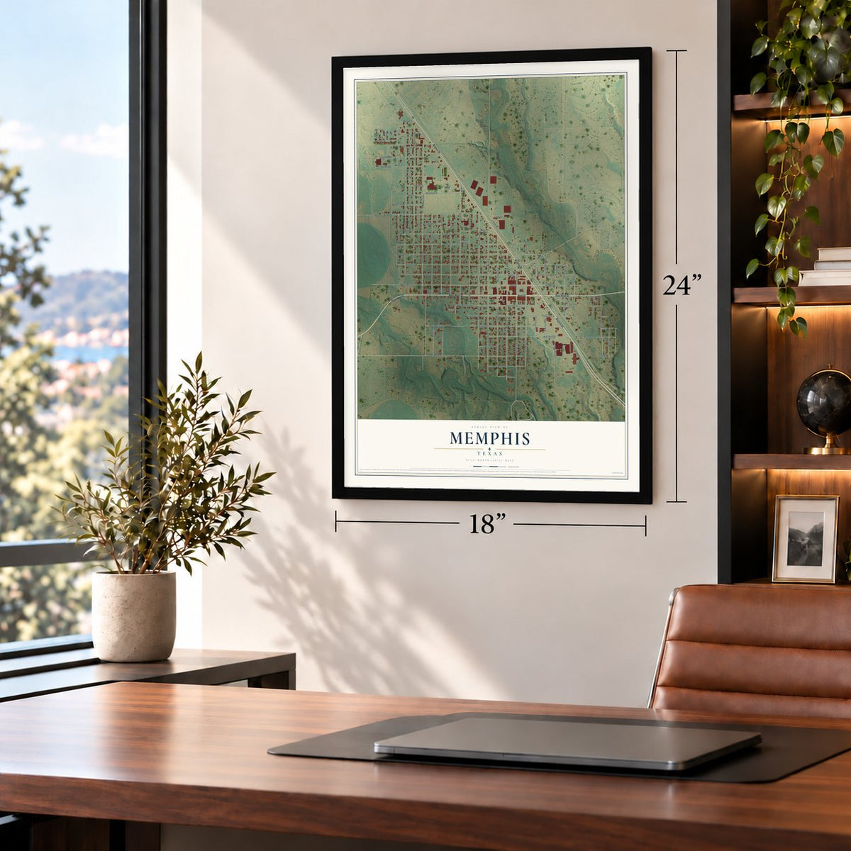 Memphis, Texas map, 18 x 24 inch print in a black frame in a home office