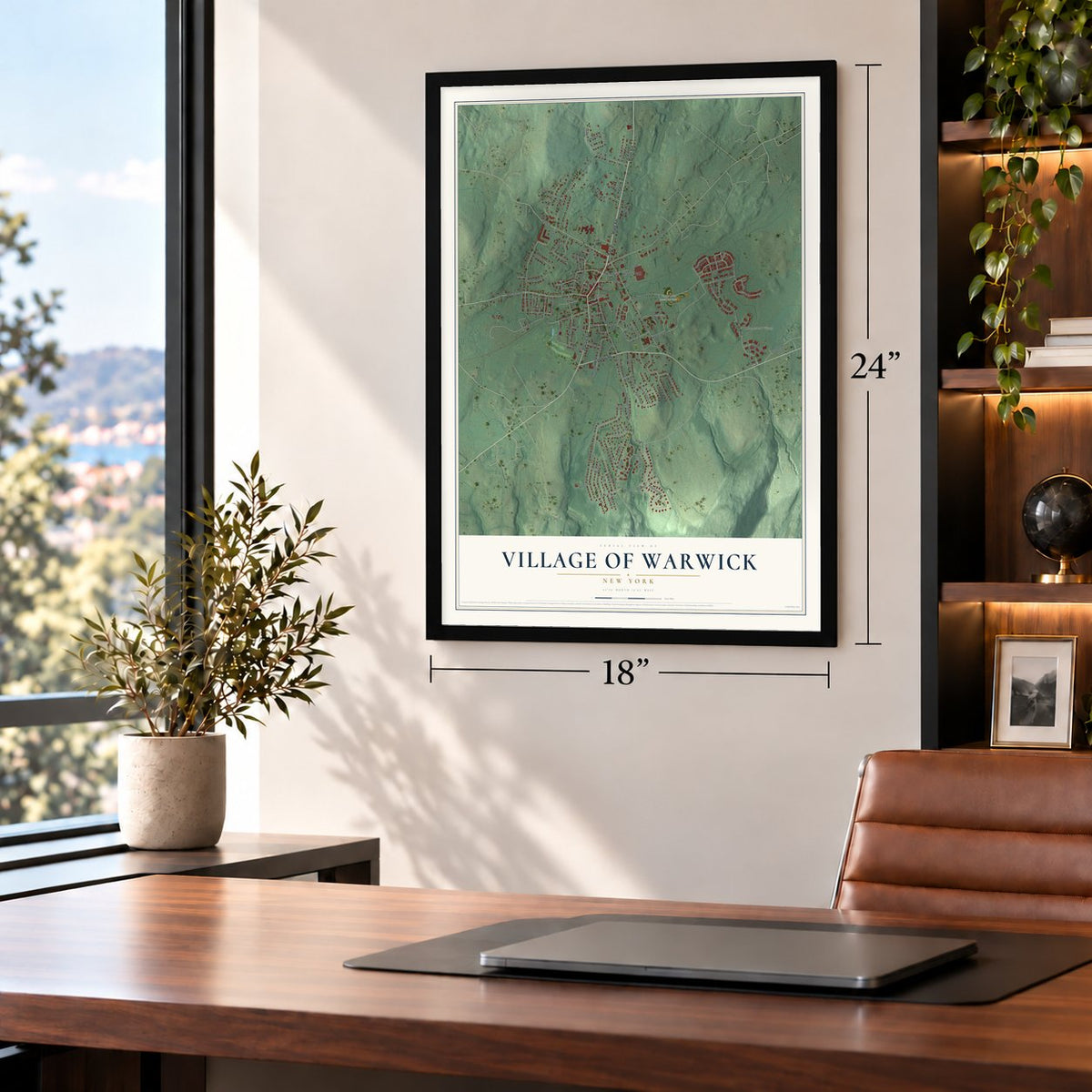 Village of Warwick, New York map, 18 x 24 inch print in a black frame in a home office