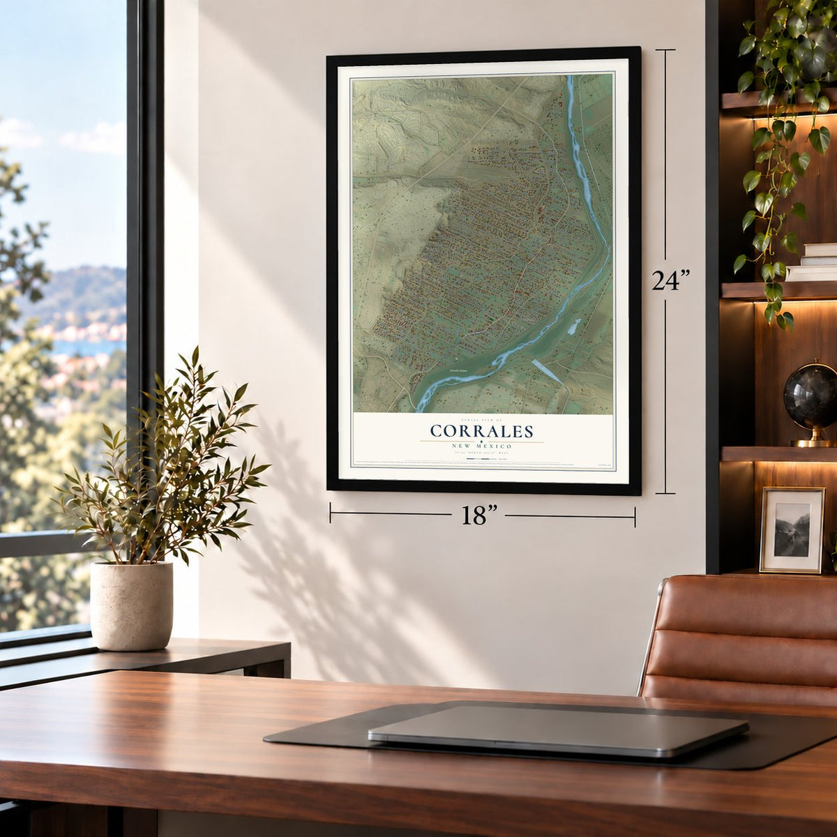 Corrales, New Mexico map, 18 x 24 inch print in a black frame in a home office