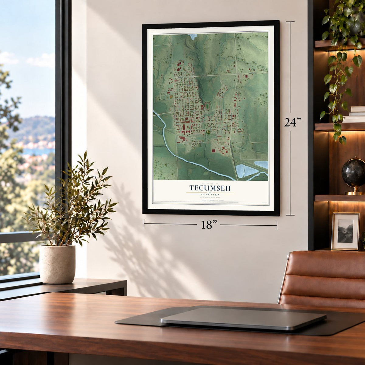 Tecumseh, Nebraska map, 18 x 24 inch print in a black frame in a home office