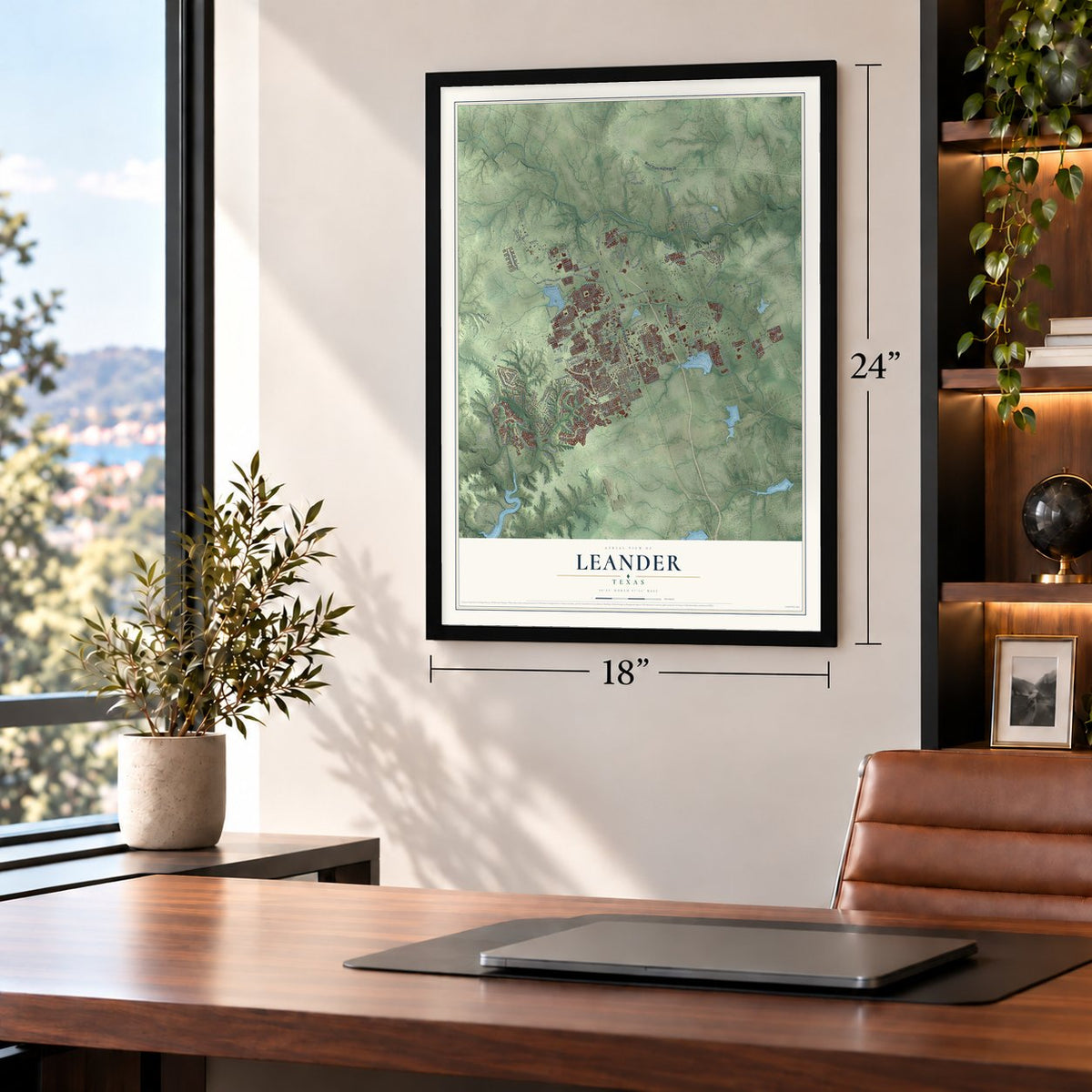 Leander, Texas map, 18 x 24 inch print in a black frame in a home office