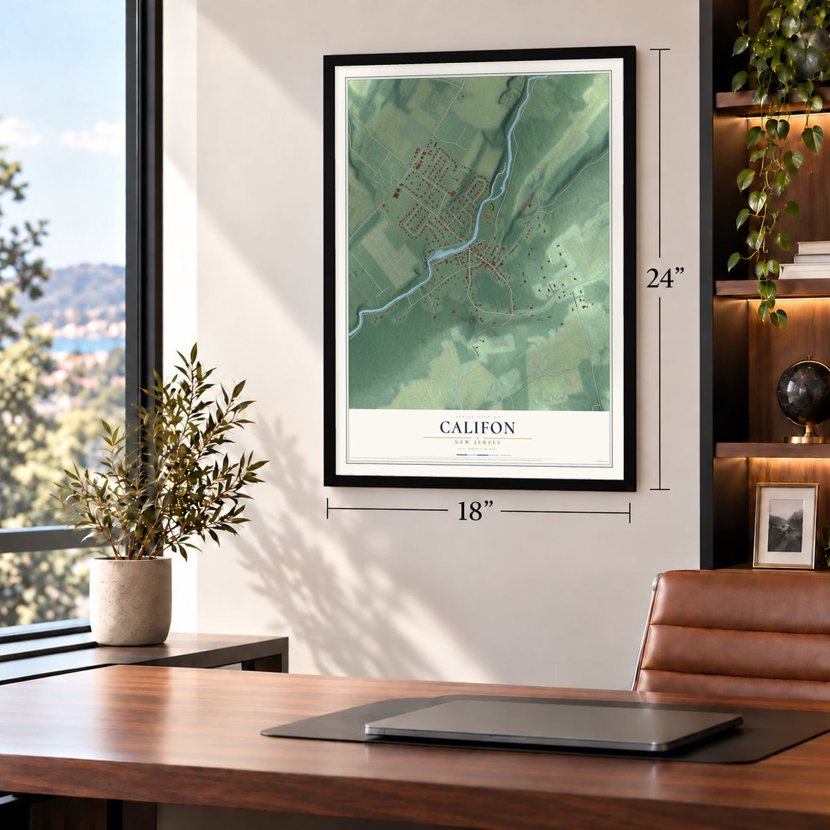 Califon, New Jersey map, 18 x 24 inch print in a black frame in a home office