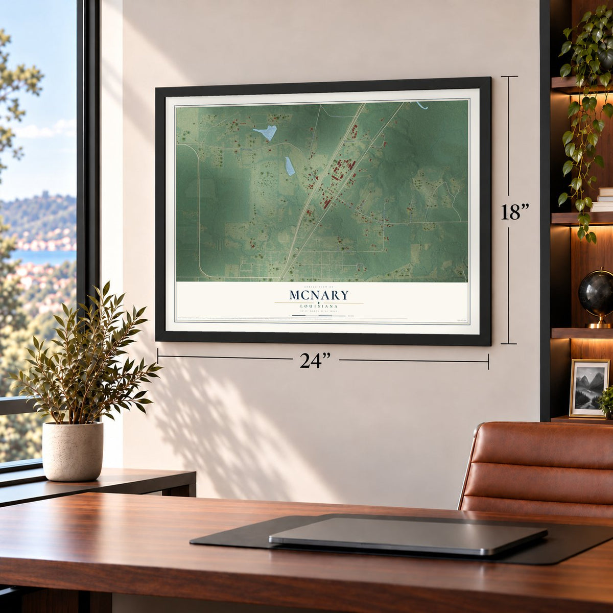 McNary, Louisiana map, 18 x 24 inch print in a black frame in a home office