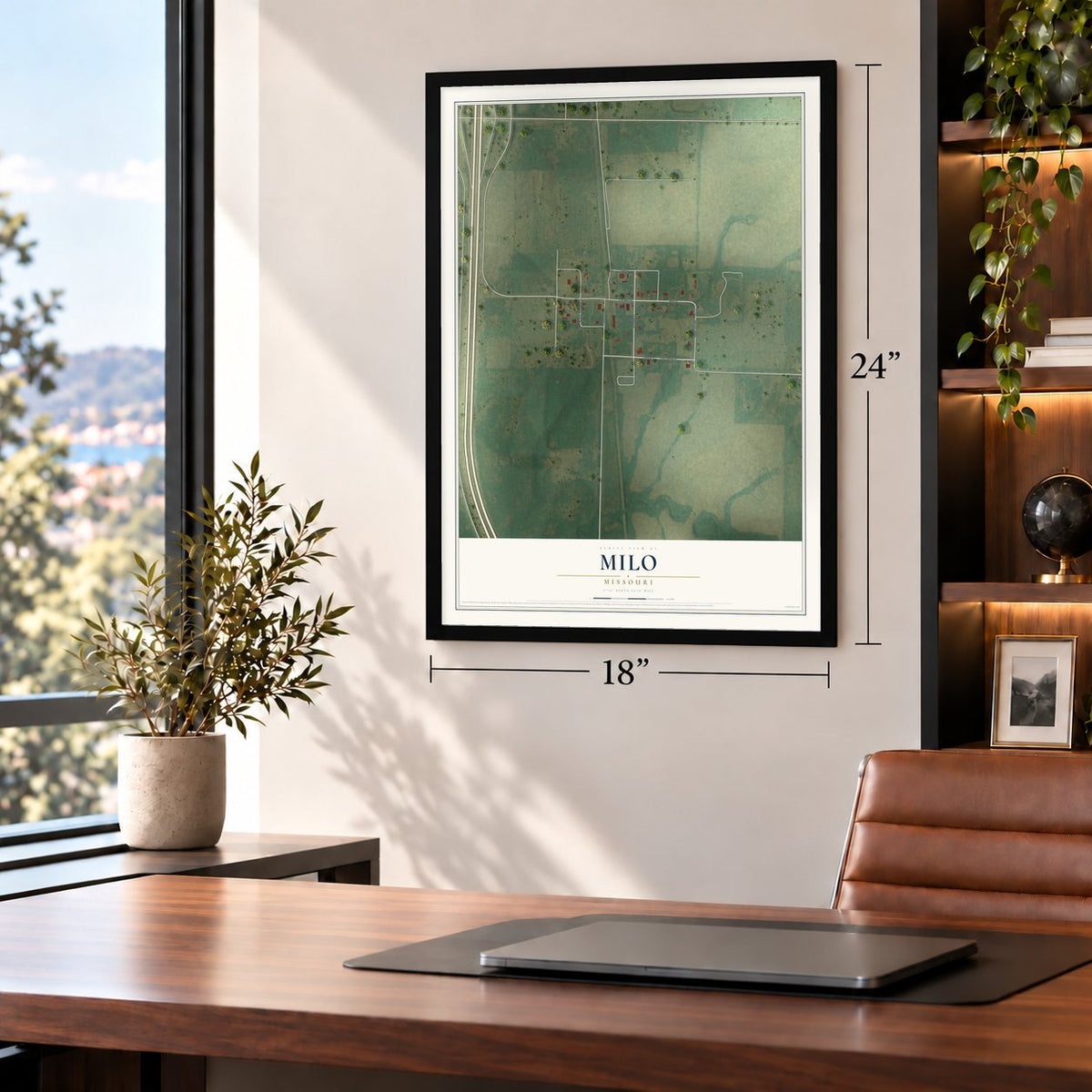 Milo, Missouri map, 18 x 24 inch print in a black frame in a home office