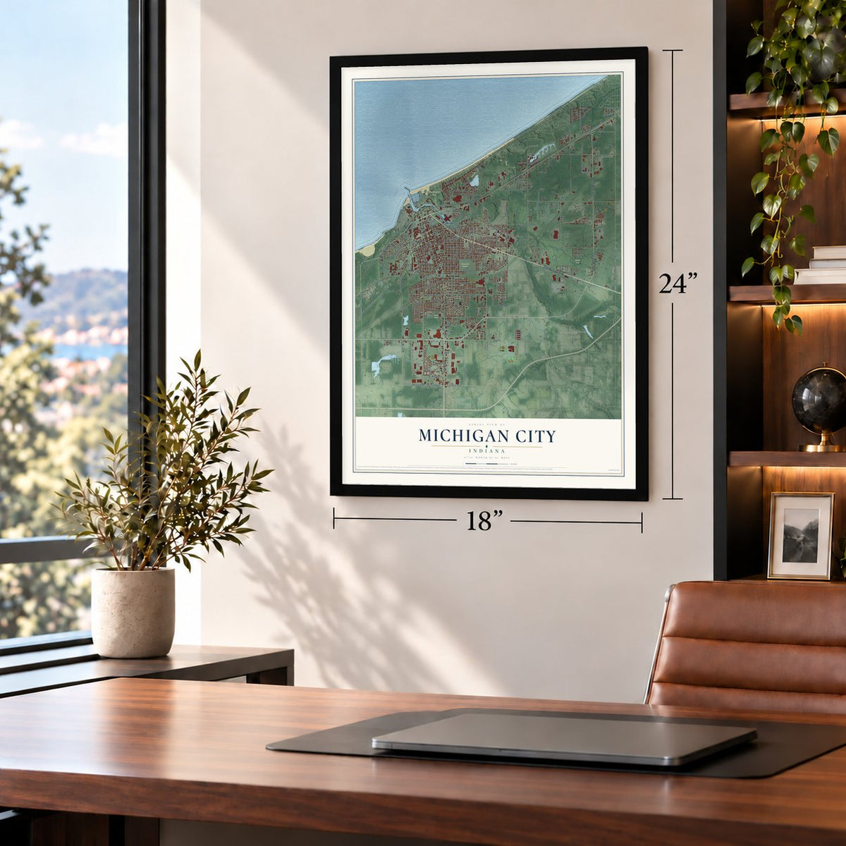 Michigan City, Indiana map, 18 x 24 inch print in a black frame in a home office