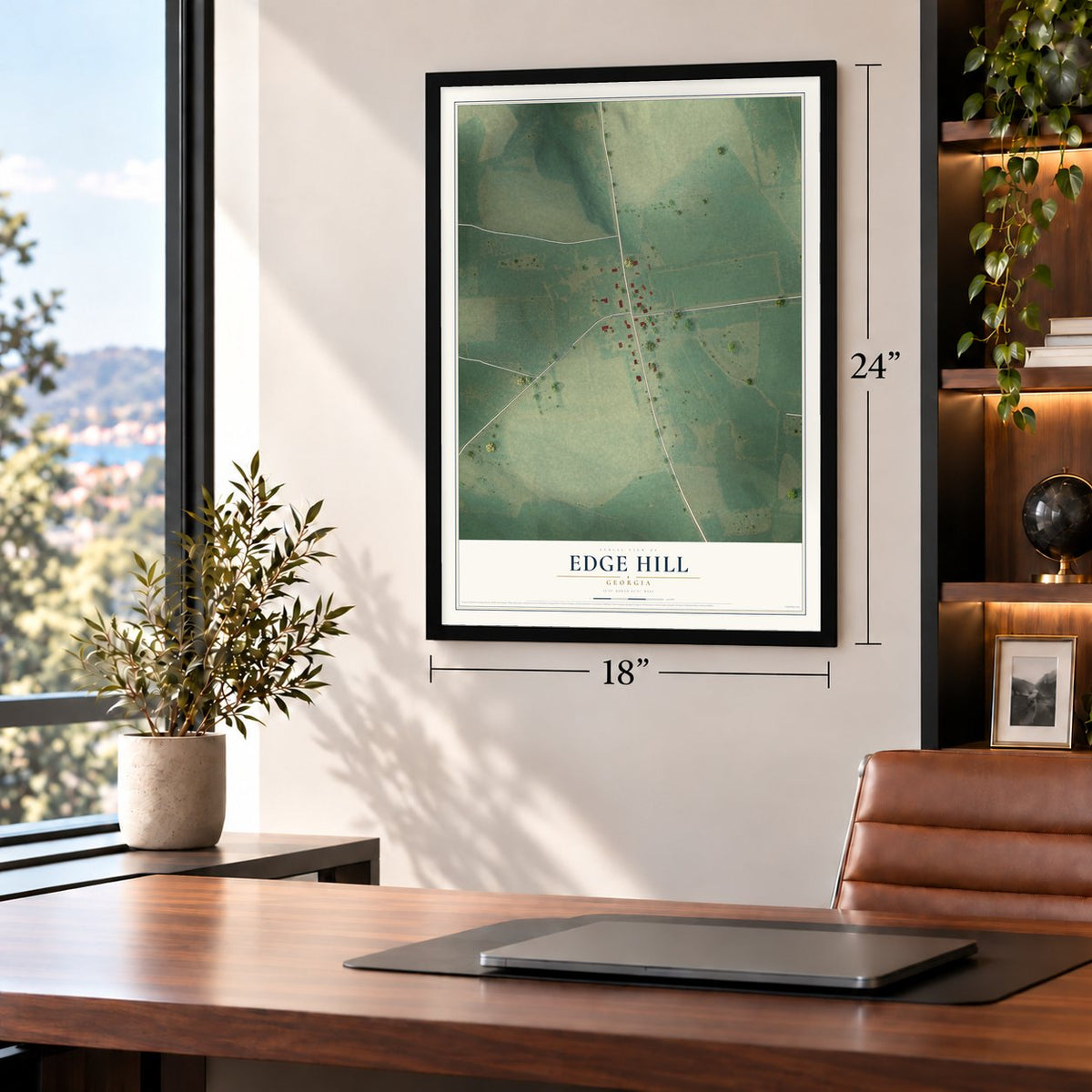 Edge Hill, Georgia map, 18 x 24 inch print in a black frame in a home office