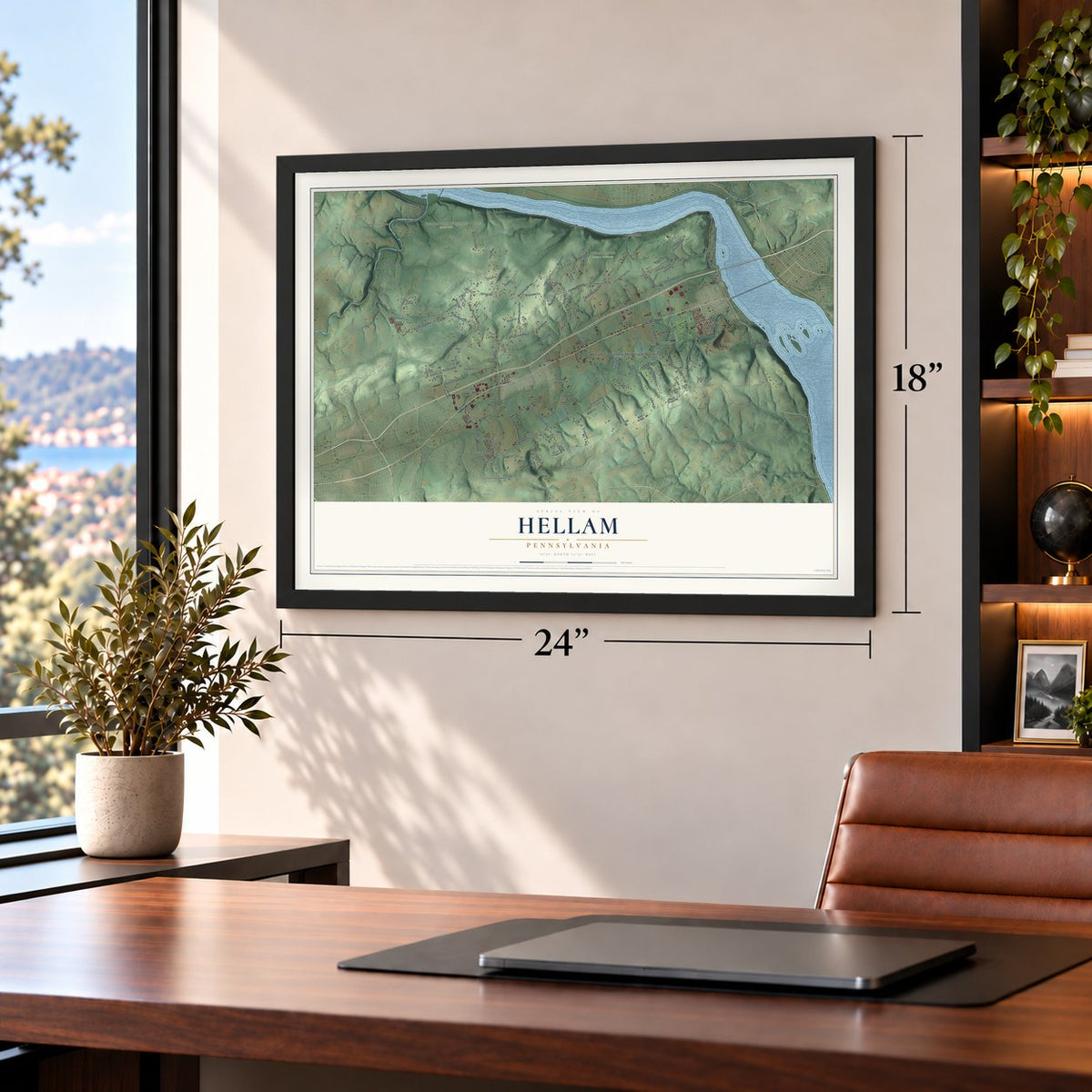 Hellam, Pennsylvania map, 18 x 24 inch print in a black frame in a home office