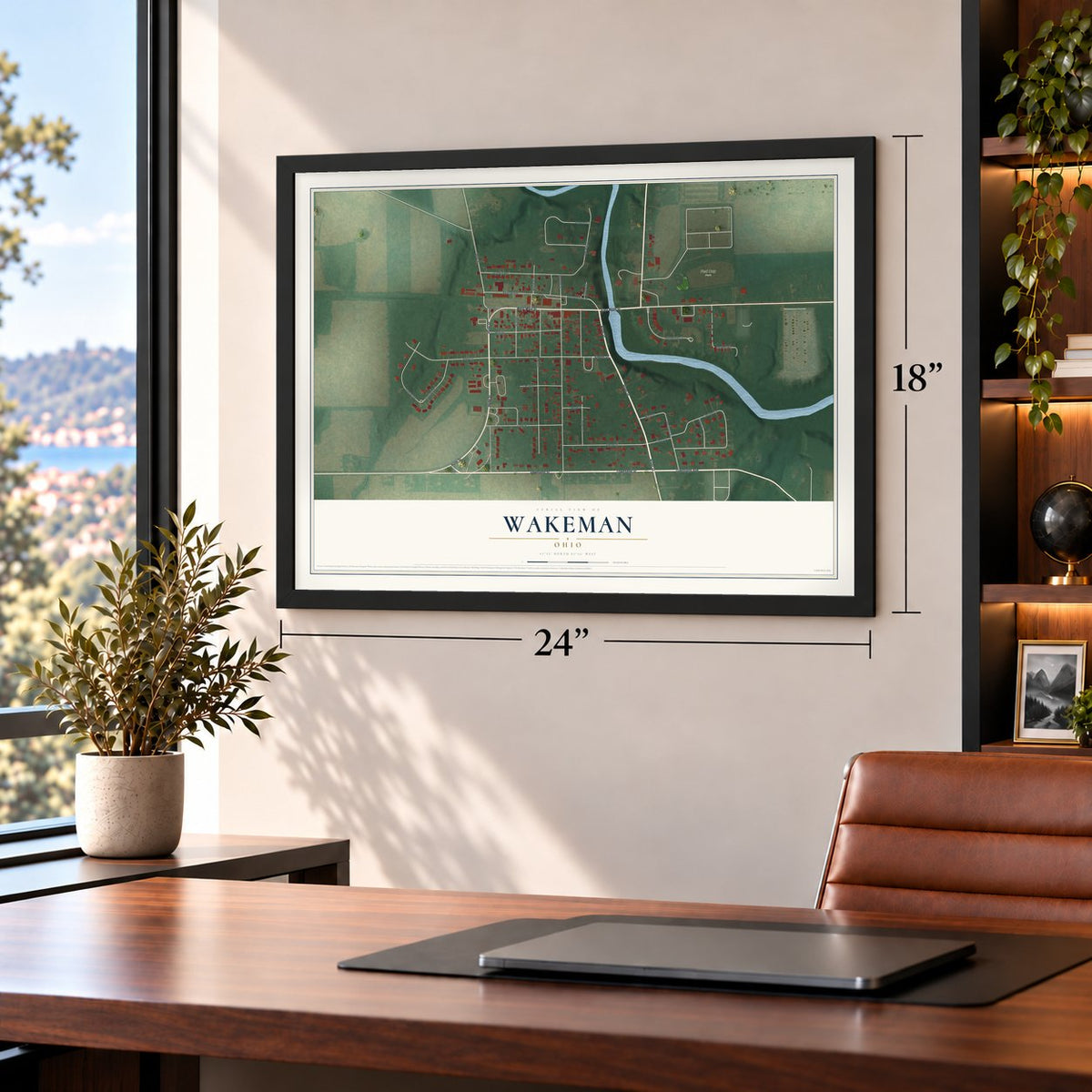 Wakeman, Ohio map, 18 x 24 inch print in a black frame in a home office