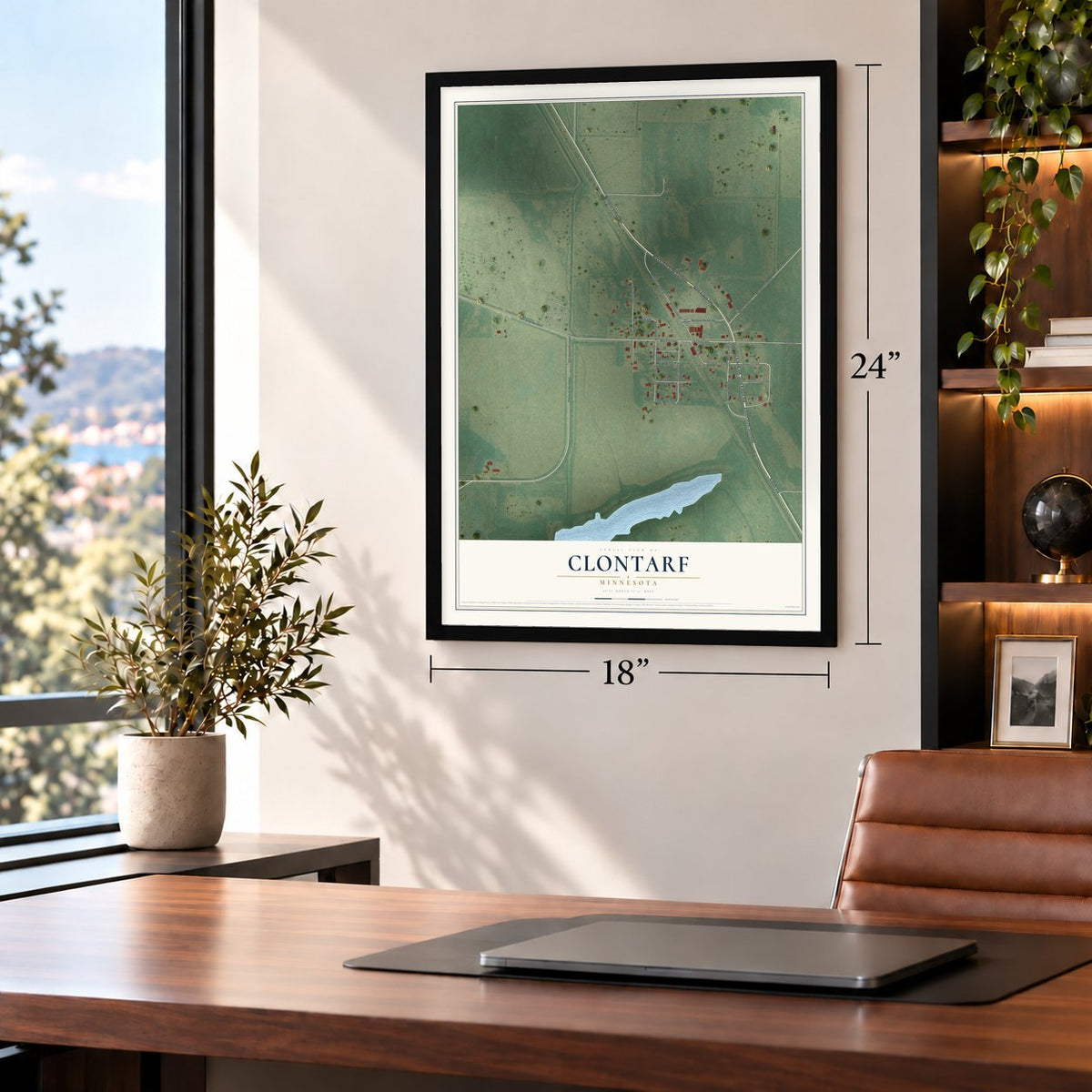 Clontarf, Minnesota map, 18 x 24 inch print in a black frame in a home office