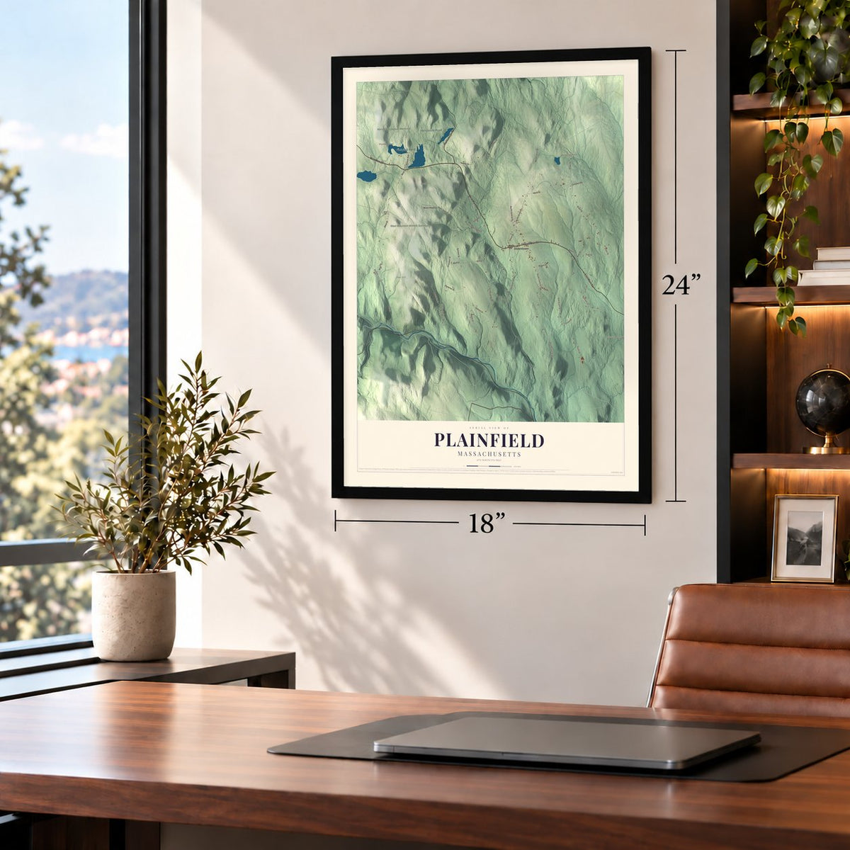 Plainfield, Massachusetts map, 18 x 24 inch print in a black frame in a home office