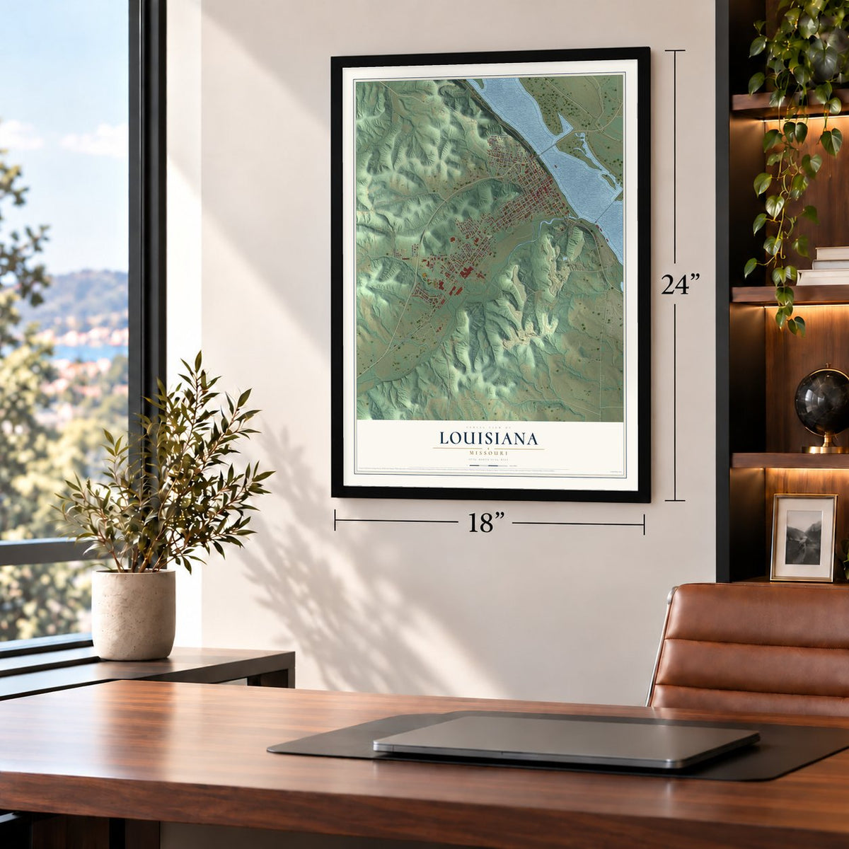 Louisiana, Missouri map, 18 x 24 inch print in a black frame in a home office