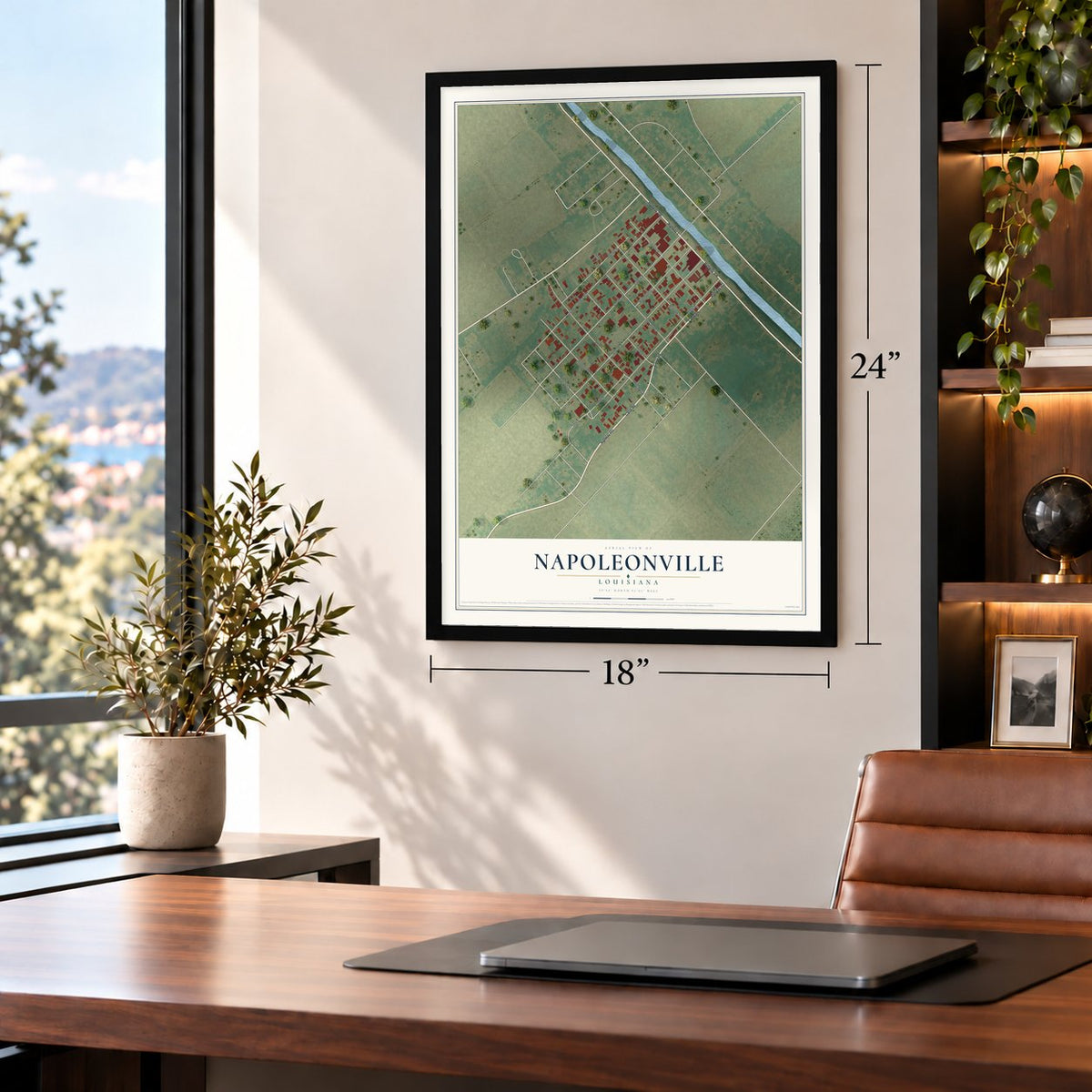 Napoleonville, Louisiana map, 18 x 24 inch print in a black frame in a home office
