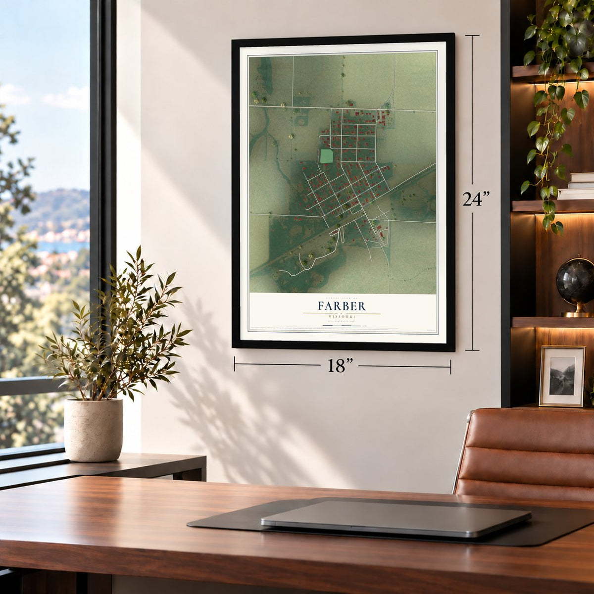 Farber, Missouri map, 18 x 24 inch print in a black frame in a home office