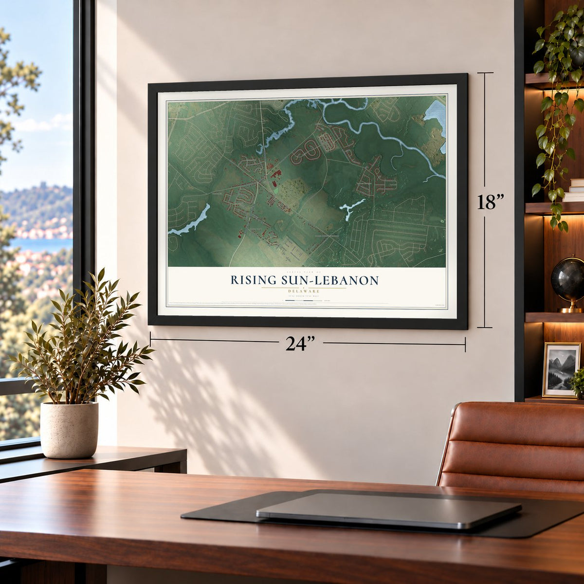 Rising Sun-Lebanon, Delaware map, 18 x 24 inch print in a black frame in a home office