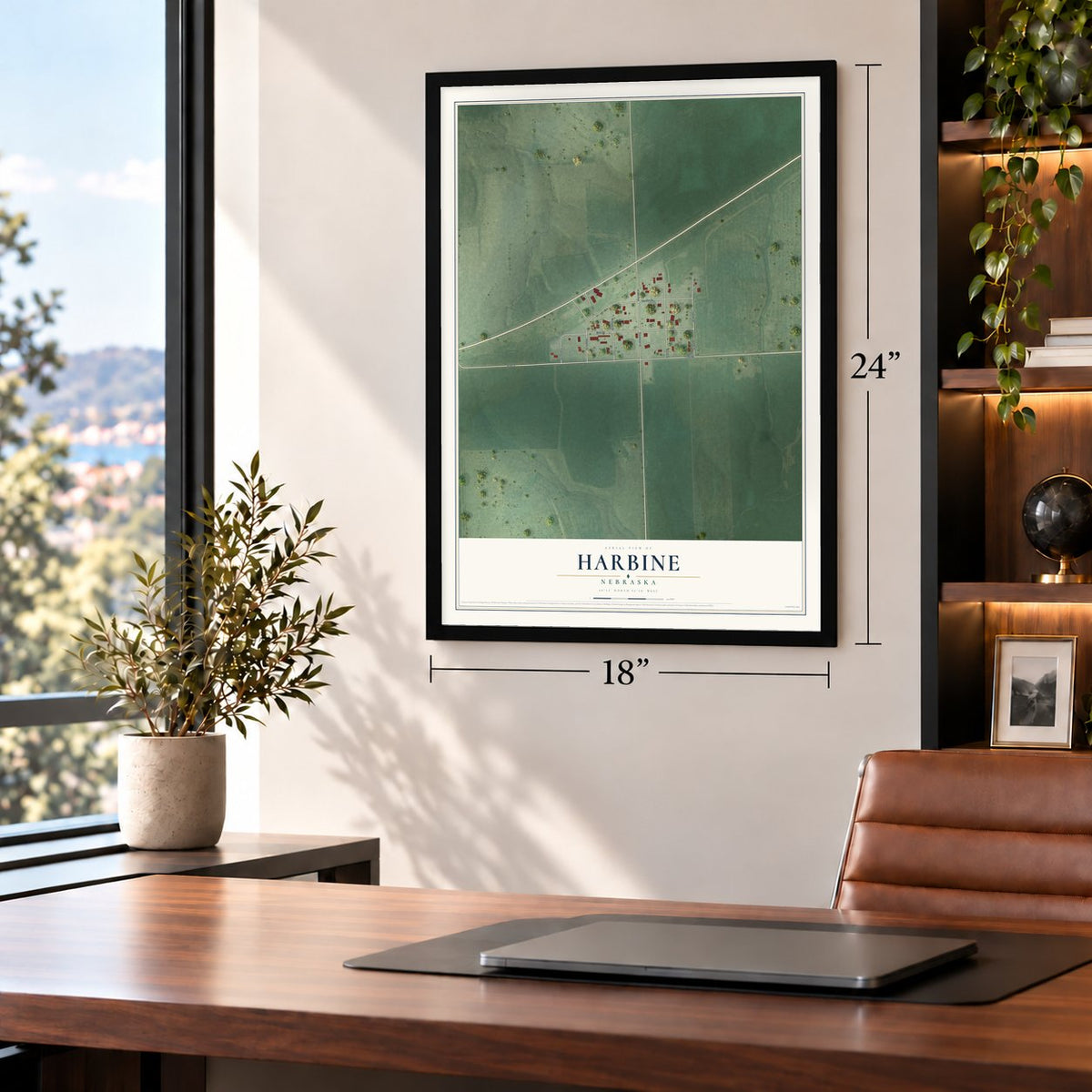 Harbine, Nebraska map, 18 x 24 inch print in a black frame in a home office